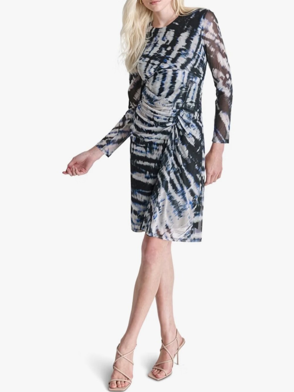 New With Tags Size 10 DKNY Women's Printed Long Sheer Sleeved Side Ruched Dress